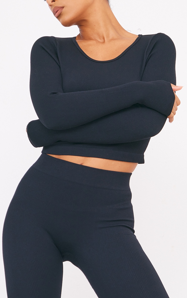 Black Structured Contour Ribbed Round Neck Long Sleeve Crop Top image 4