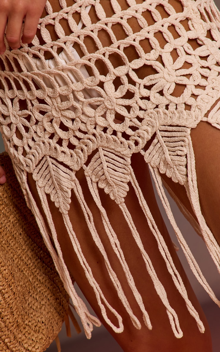 Cream Crochet Tassel Hem Mini Beach Dress image 4