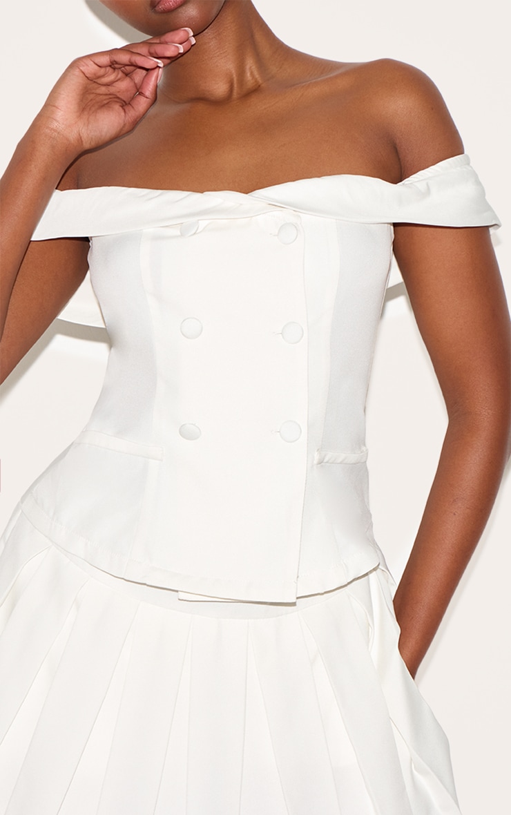 White Tailored Button Detail Bardot Pleated Skort Romper image 4