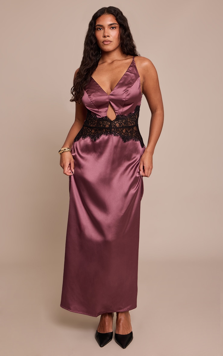 Shape Burgundy Acid Satin Lace Trim Maxi Dress image 4