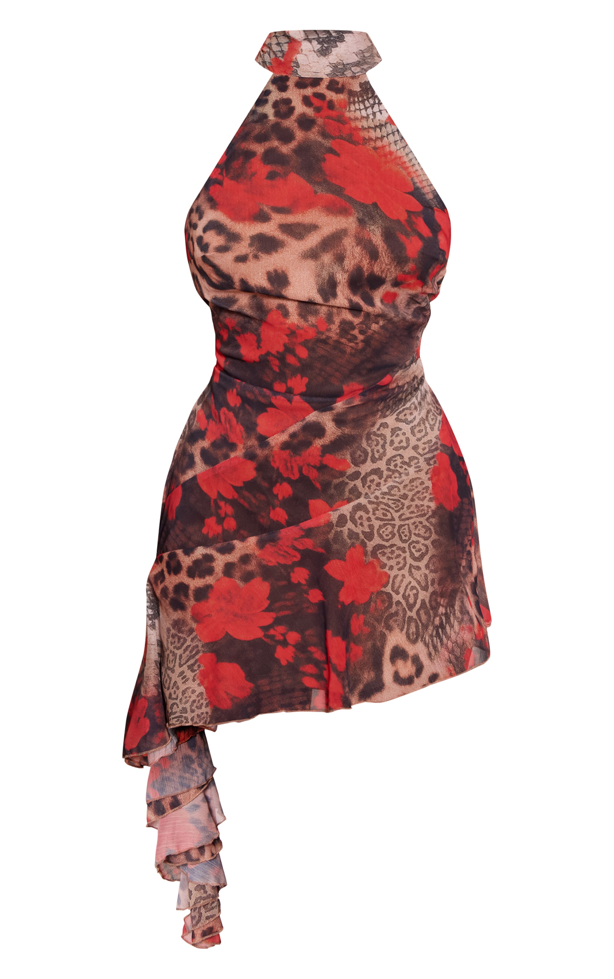 Robe droite en mousseline de soie léopard à dos nu et volants image 5