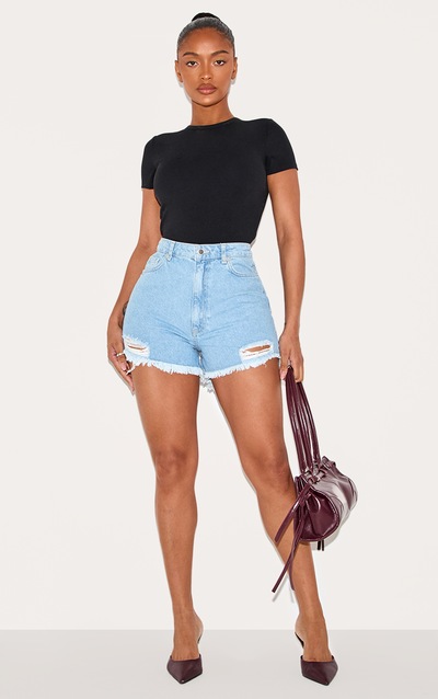 PRETTYLITTLETHING Shape Bleach Wash Ripped Denim Shorts