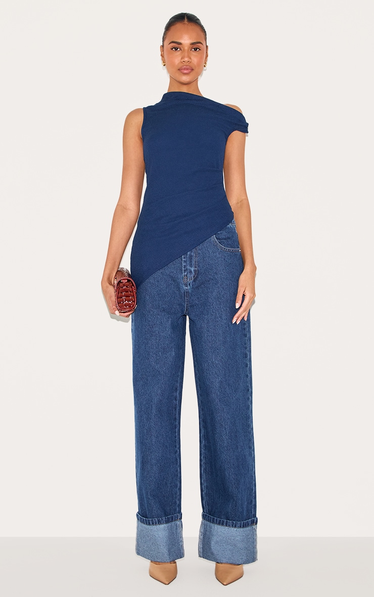 Navy Textured Rib Twist Detail Asymmetric Longline Top image 3