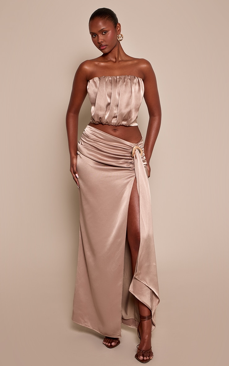 Taupe Satin Trim Detail Maxi Skirt image 2