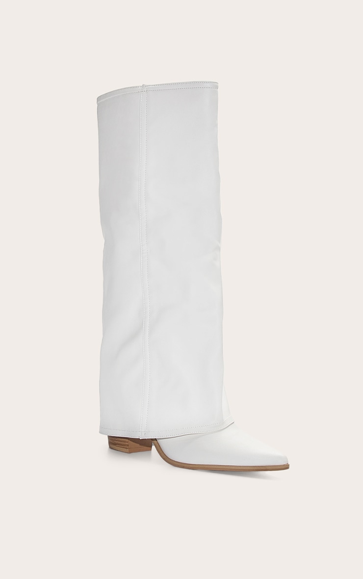 Bottes Western Large Blanches en PU à Talon Bloc et Revers sur le Genou image 2