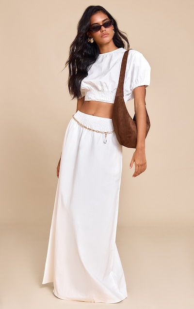 White Shirred Waist Low Rise Maxi Skirt
