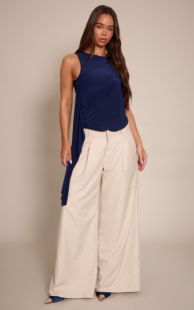 Navy Slinky Drape Detail Longline Top  image 3