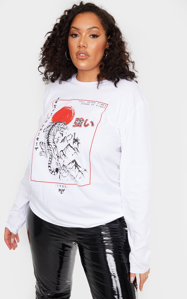 Plus White Tiger Slogan Print Long Sleeve T-Shirt