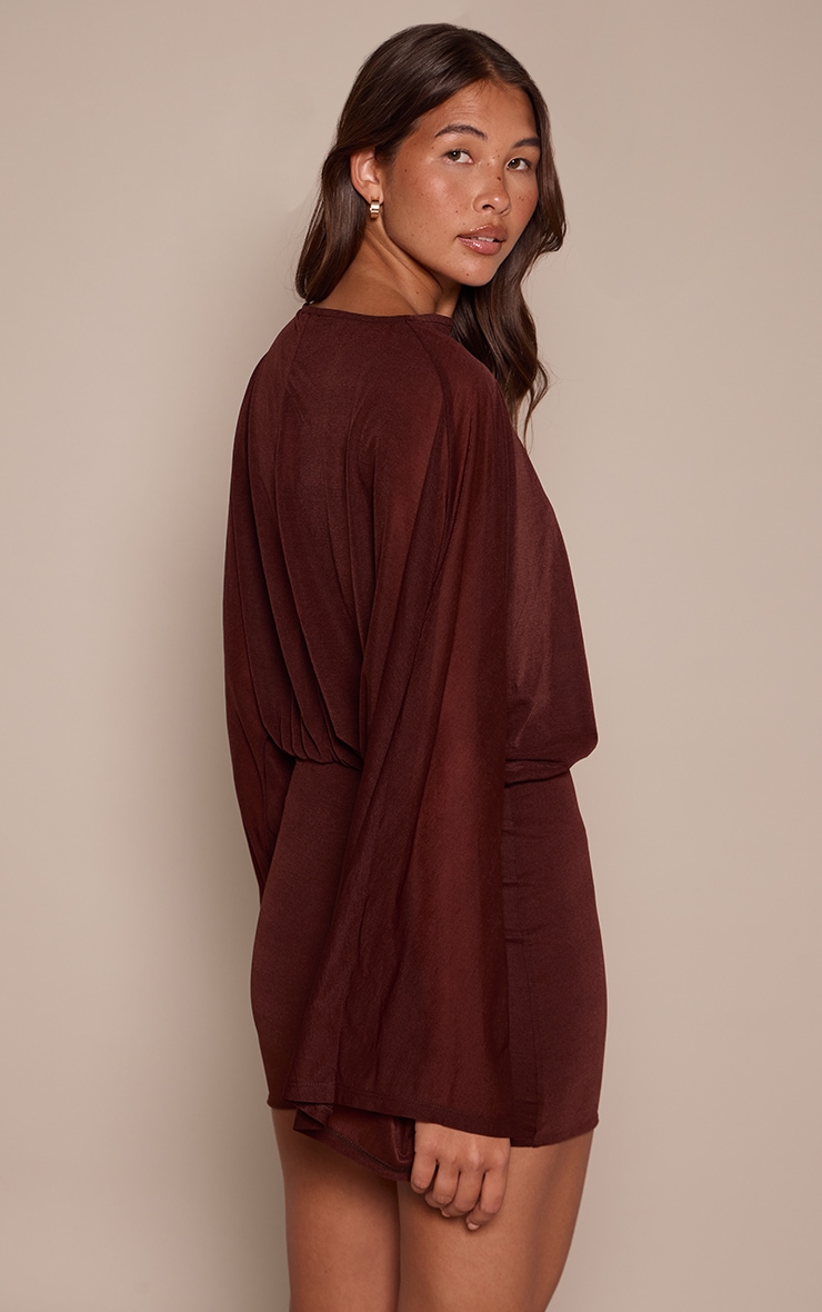 Chocolate Chiffon Overlay Long Sleeve Mini Dress image 2