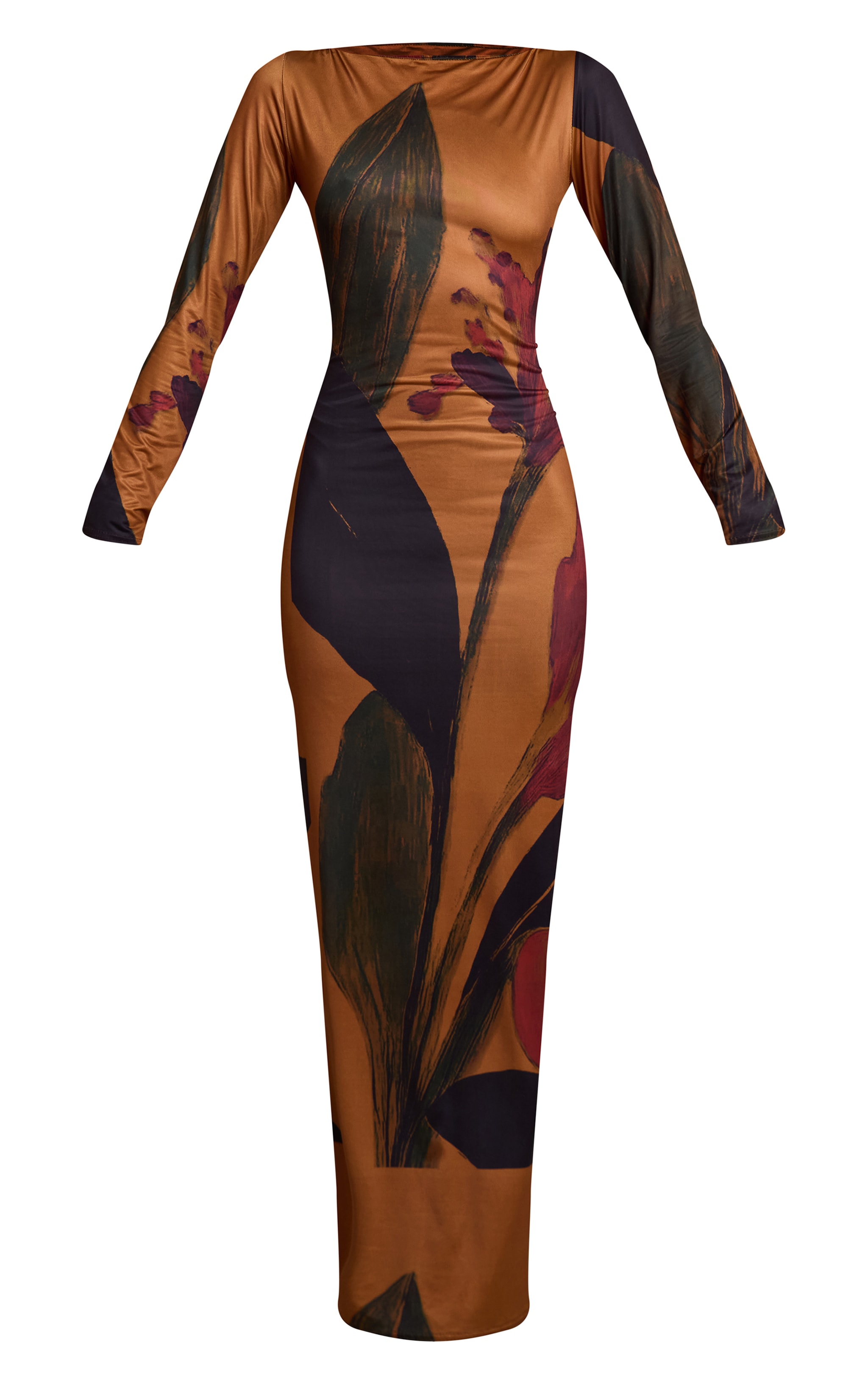 Dark Chocolate Floral Printed Slinky Long Sleeve Maxi Dress image 5