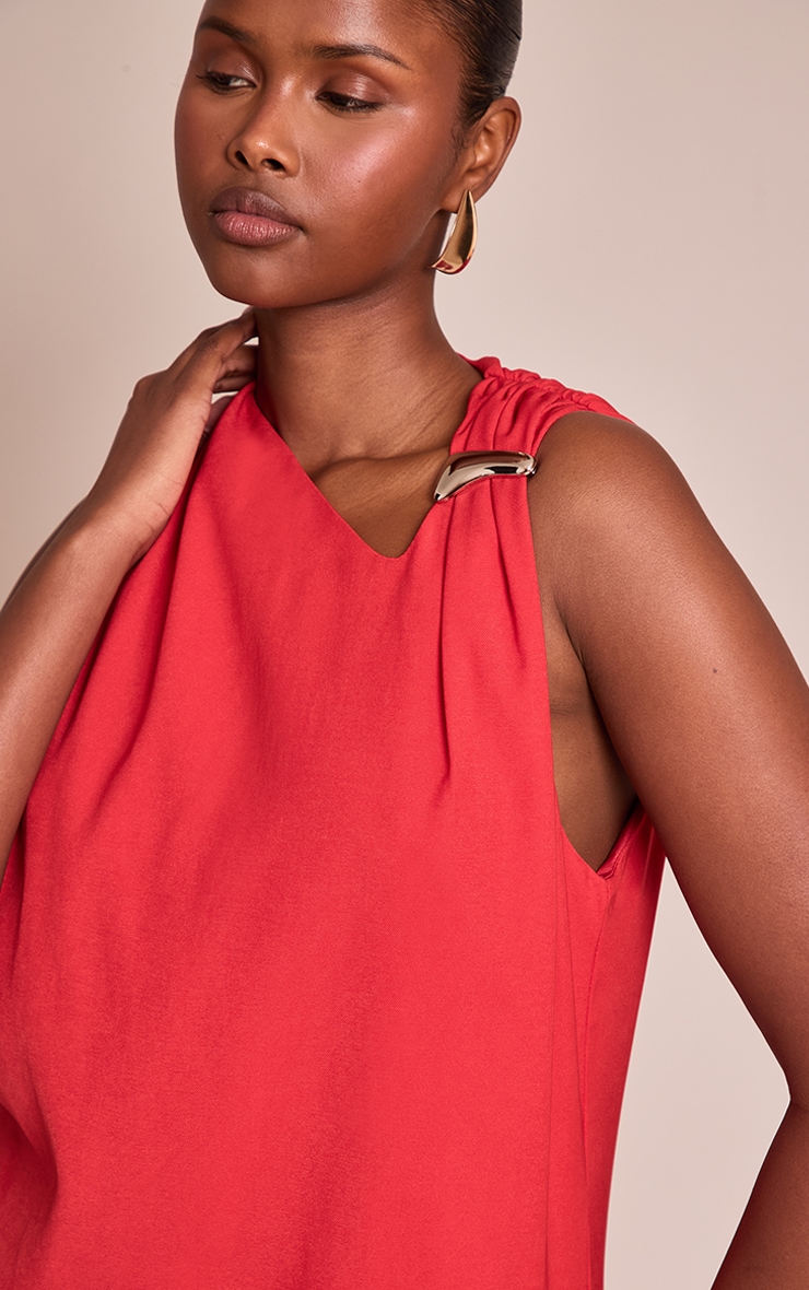 Red Woven Asymmetric Trim Detail Mini Dress image 4