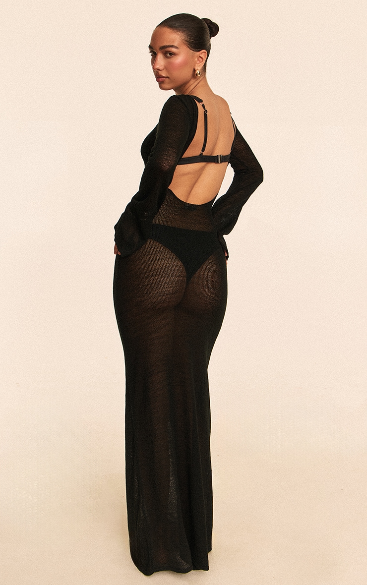 Black Filigree Knit Backless Maxi Beach Dress image 2