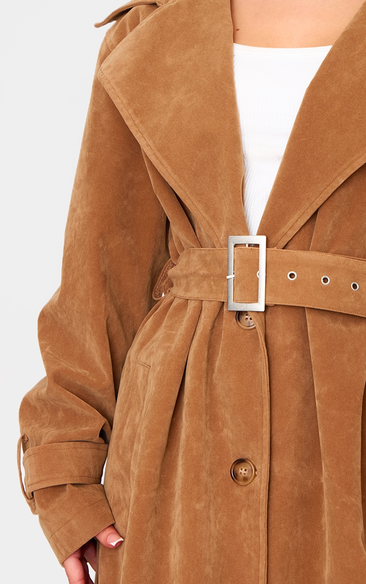 Petite Camel Faux Suede Belted Trench Coat image 4