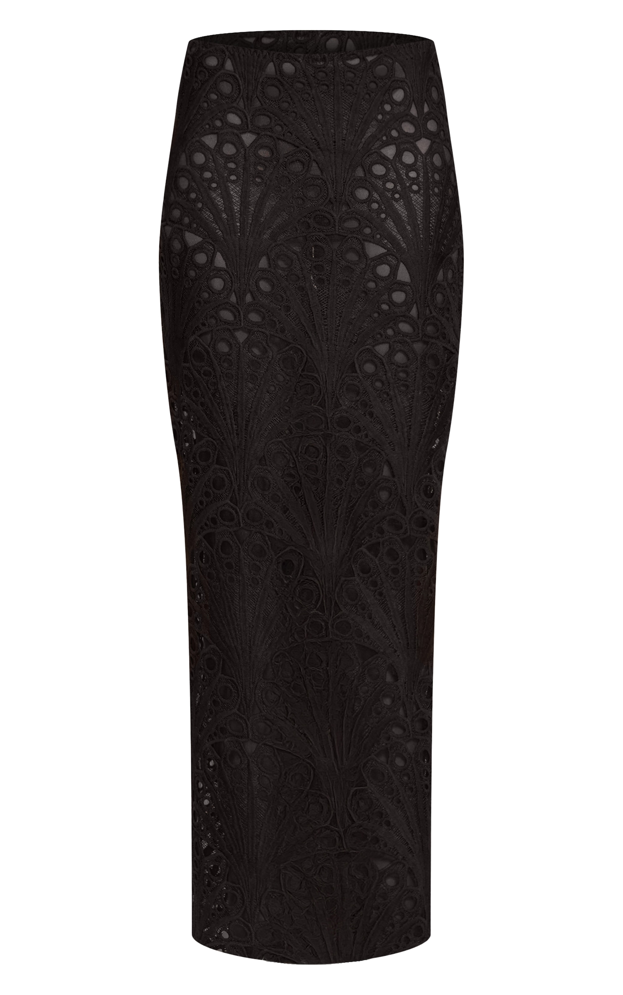 Black Textured Floral Lace Maxi Skirt image 5