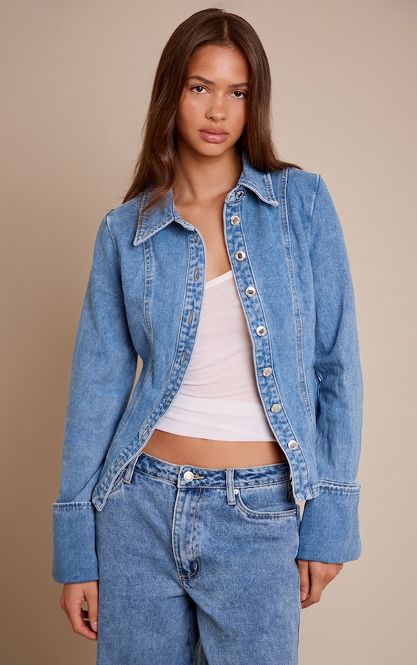 Mid Blue Wash Long Sleeve Cinch Waist Denim Shirt