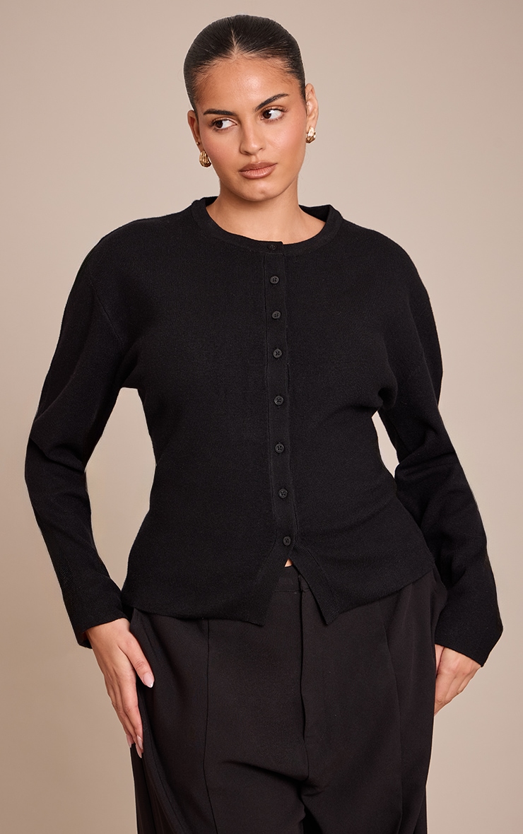 Plus Black Button Down Long Sleeve Knitted Top image 1