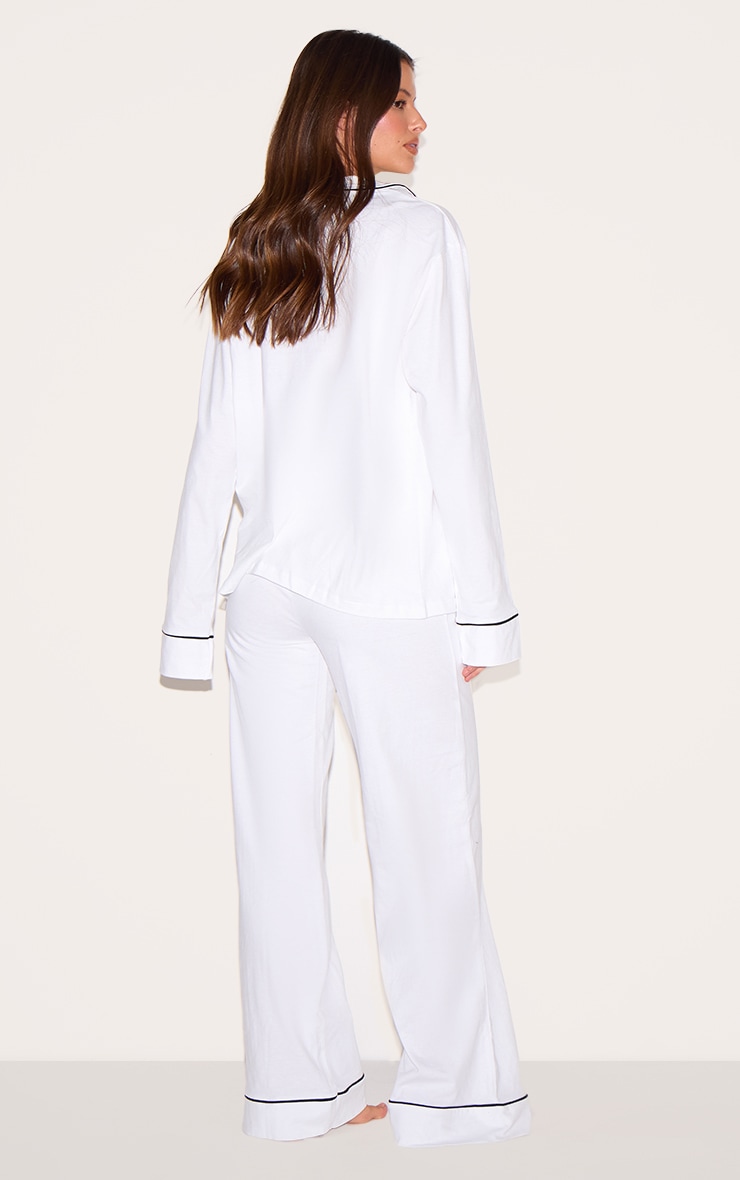 White Jersey Piping Detail Long PJ Set image 2
