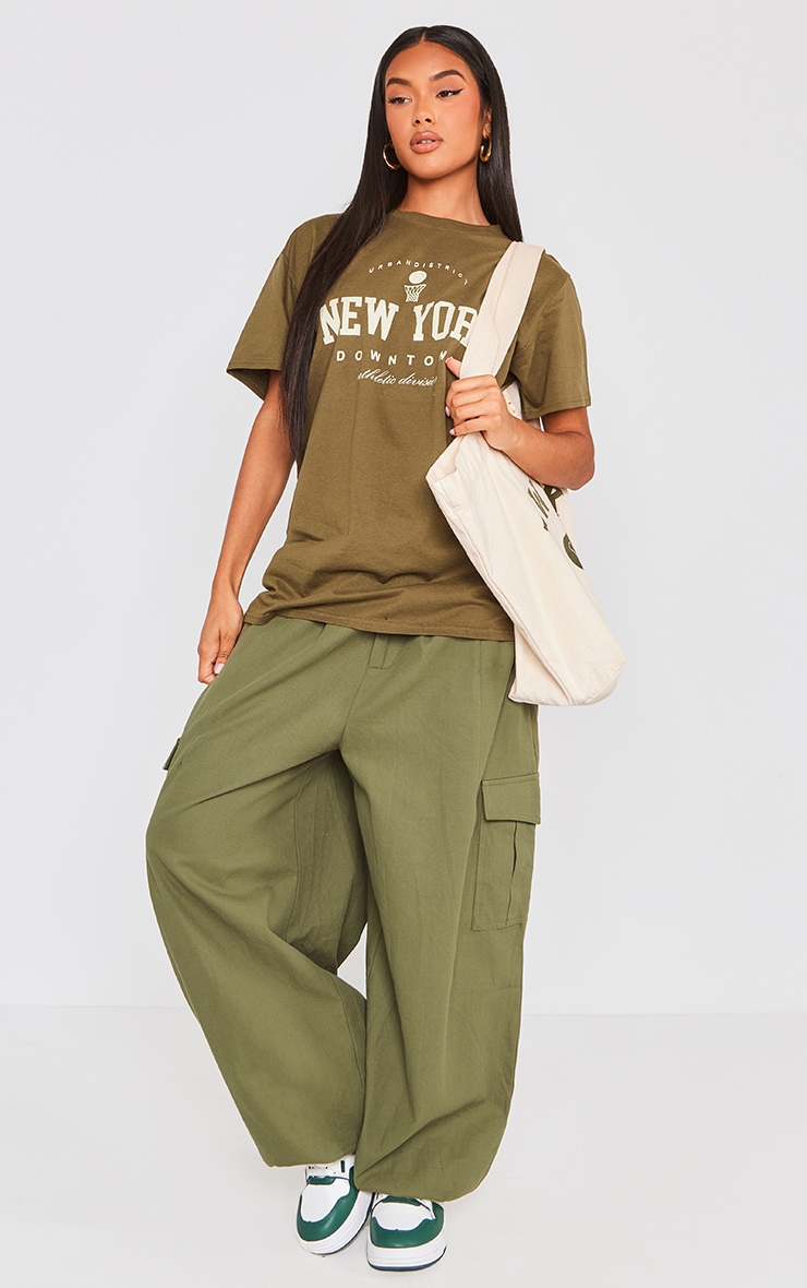 Khaki New York Downtown Slogan Oversized Printed T Shirt image 3