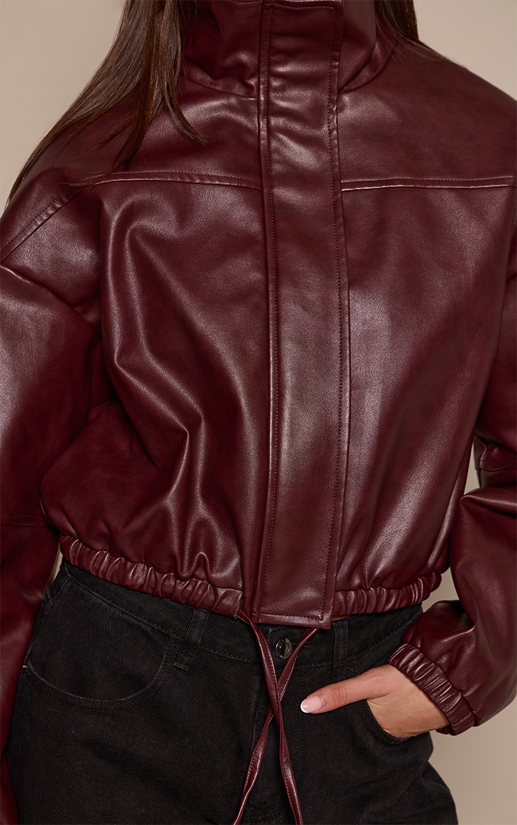 Burgundy PU Bubble Hem Funnel Neck Jacket image 4