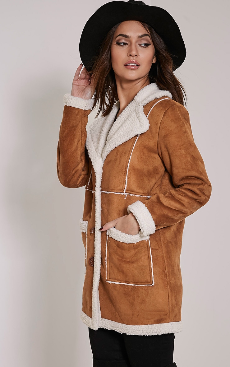 Anisa Tan Faux Suede Two Tone Shearling Coat PrettyLittleThing