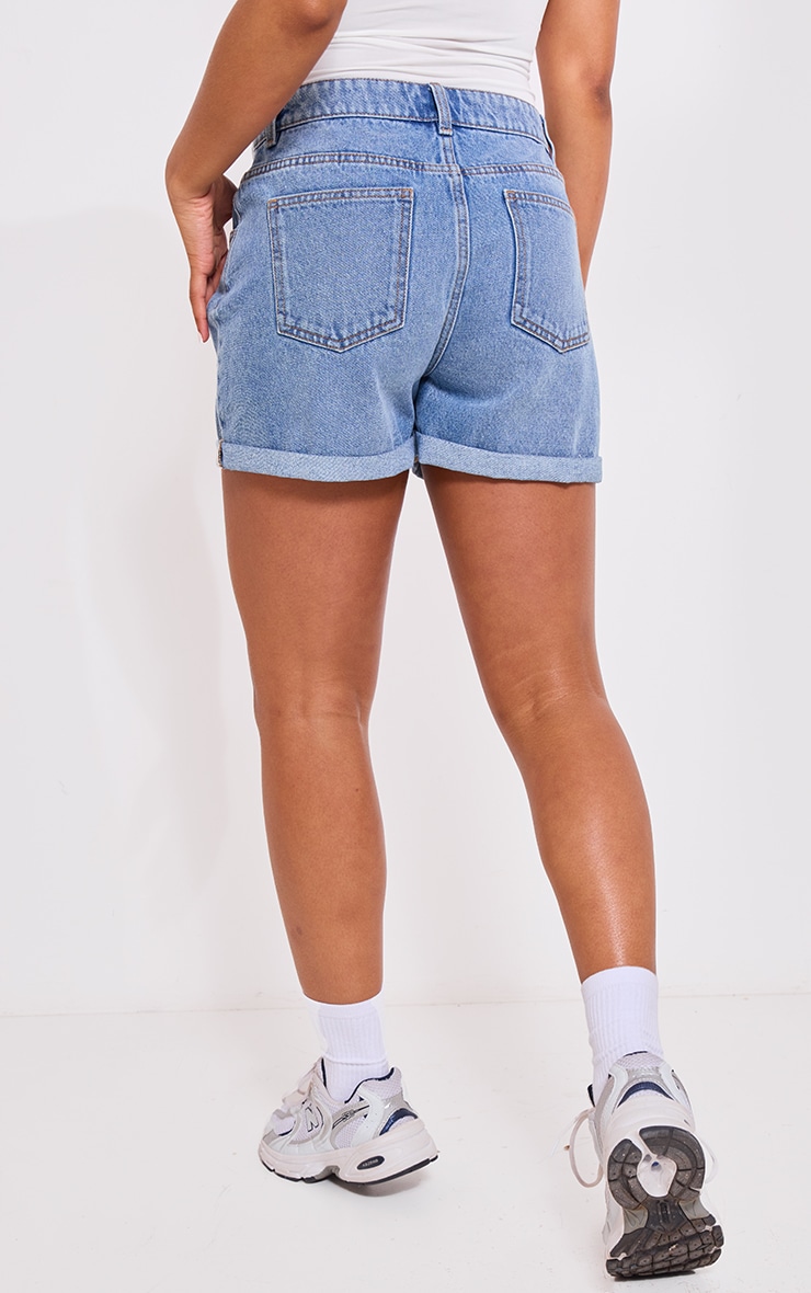 Mid Blue Wash Turn Up Mom Denim Shorts image 3