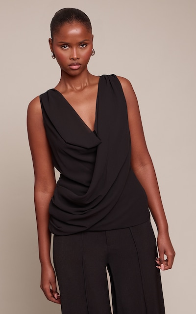 Top drapé en mousseline de soie noire sans manches