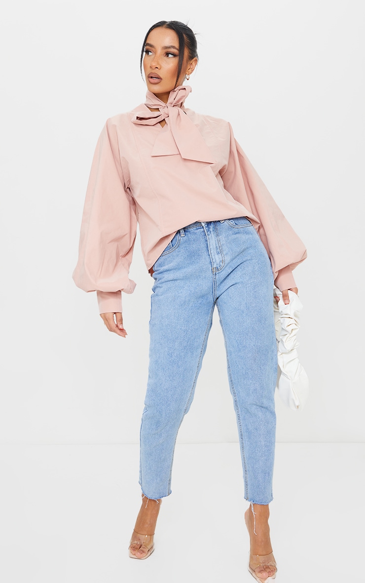 Nude Woven Plunge Pussy Bow Blouse
