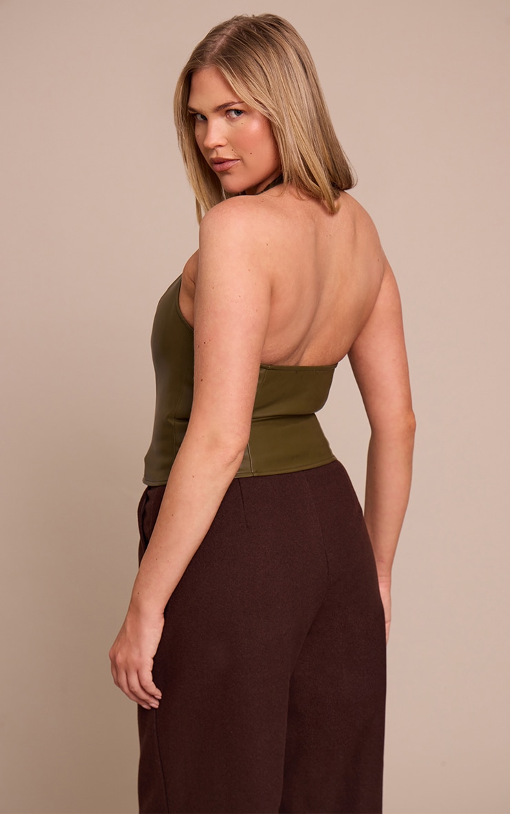 Shape Olive Faux Leather Halter Neck Lace Up Corset image 2
