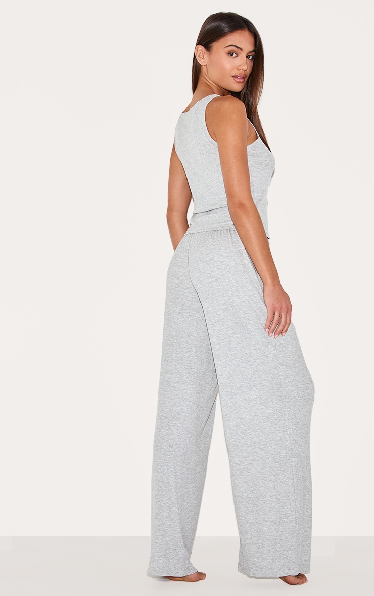 Grey Ribbed Button Vest Long Pj Set image 2