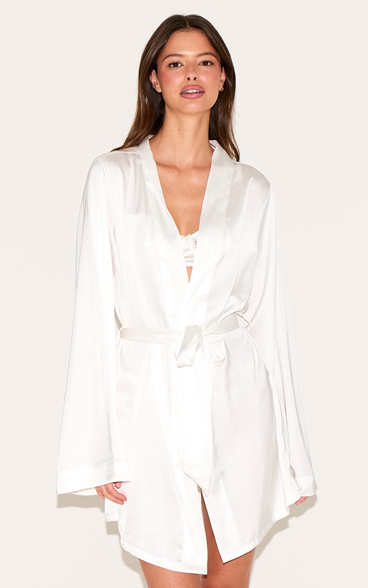 White Embroidered Bride Satin Robe image 2