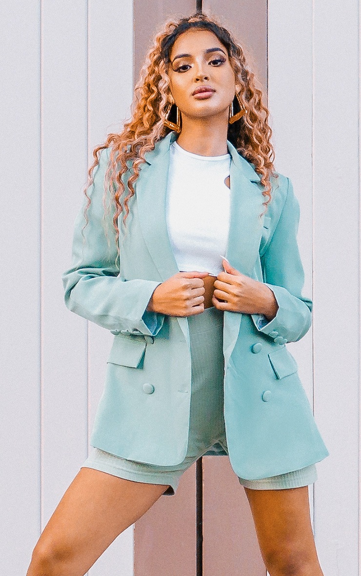 Sage Double Breasted Pocket Detail Woven Blazer