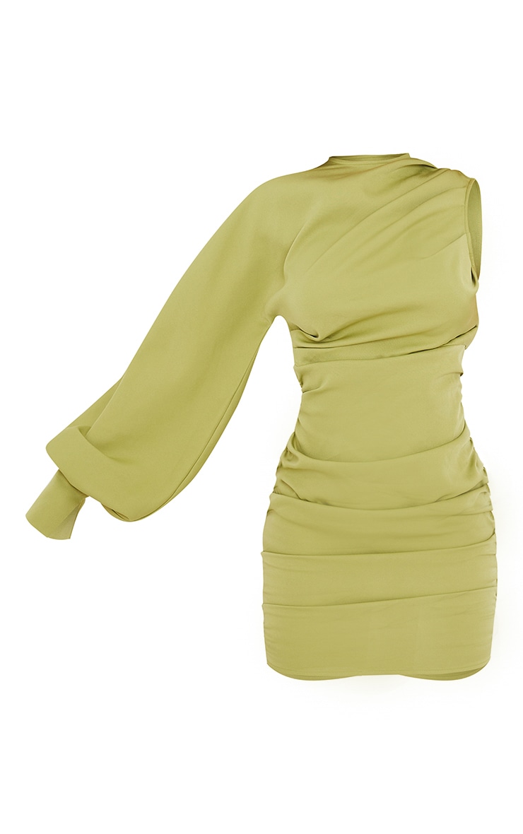 Sage Green One Sleeve Ruched Woven Bodycon Dress image 6