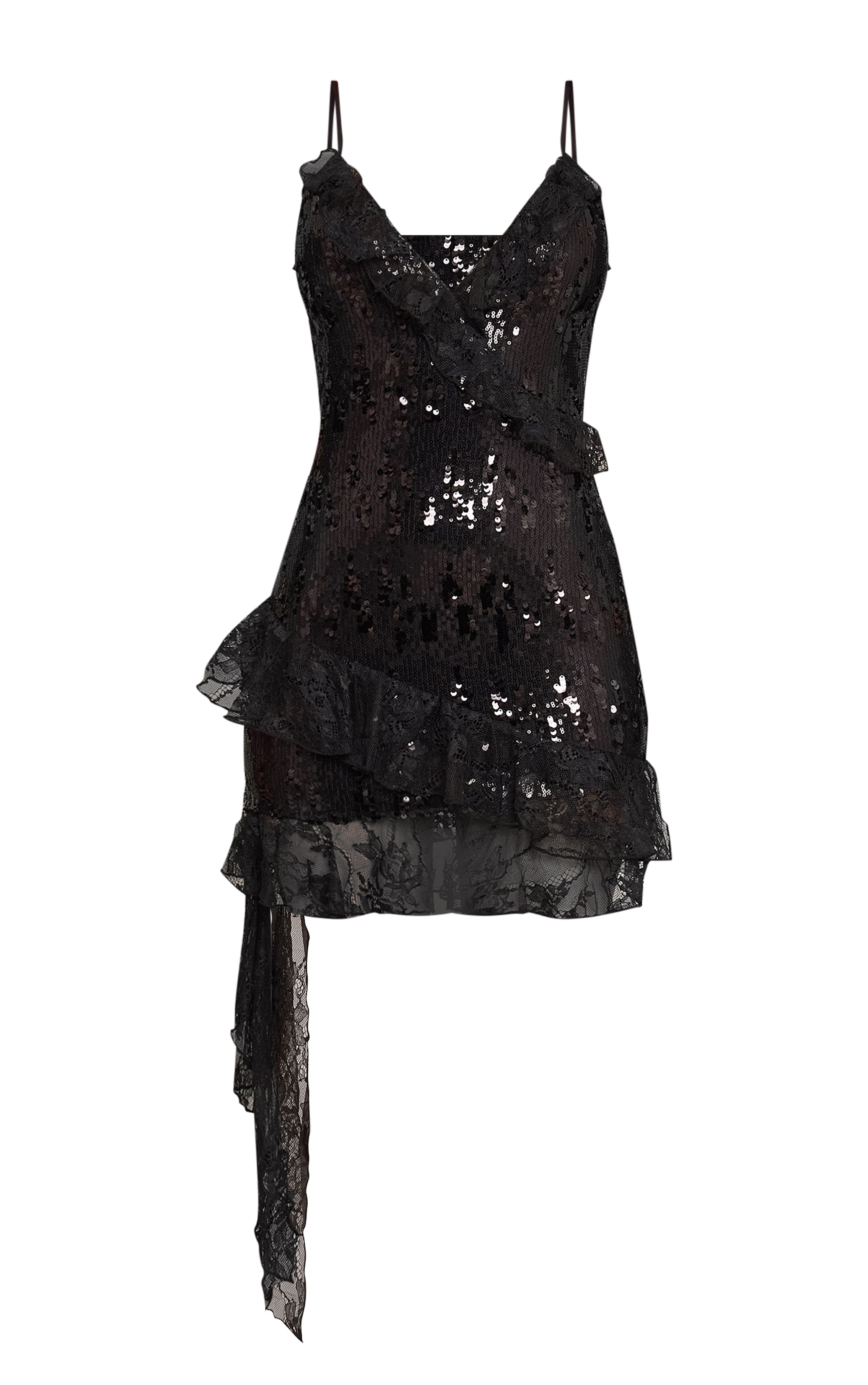 Black V Neck Sequin Frill Mini Dress image 5