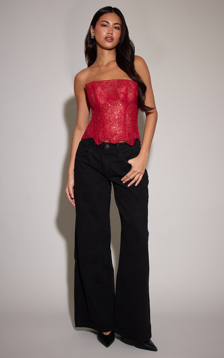 Red Textured Lace Sequin Corset image 3