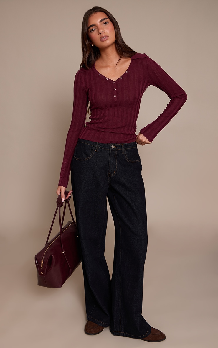Burgundy Ribbed Sheer Knit Polo Top image 3