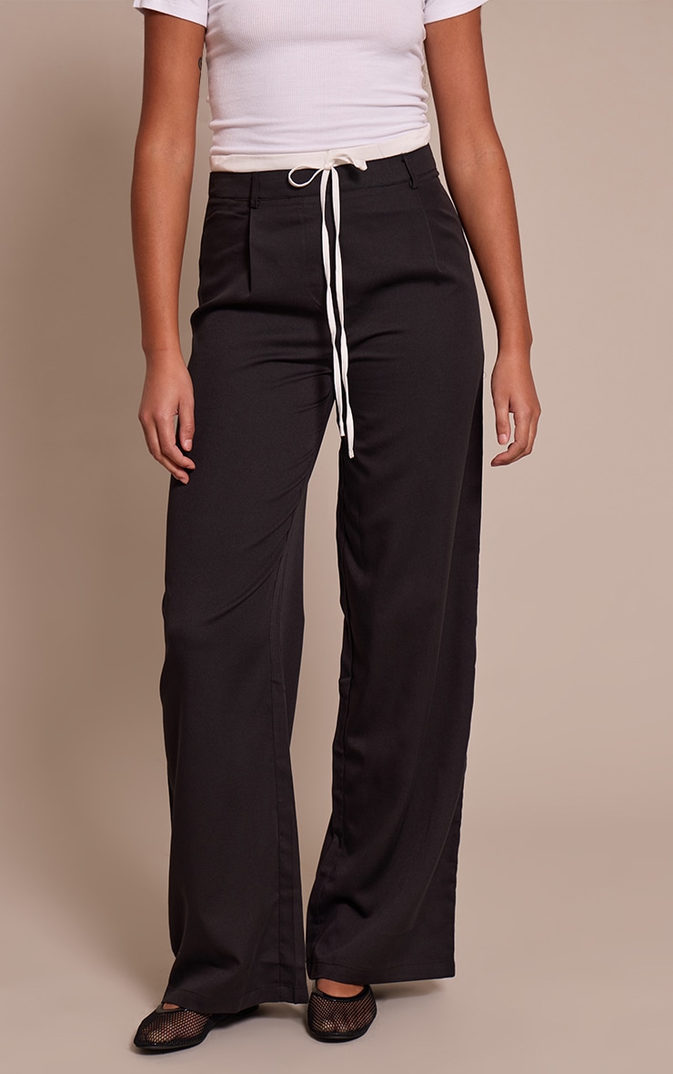Tall Black Woven Double Waistband Tailored Pants image 2