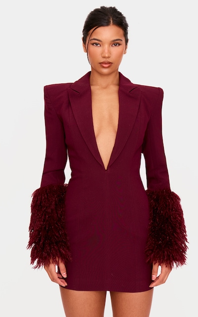 PLT Label Robe blazer de tailleur bordeaux à manchettes moumoutées