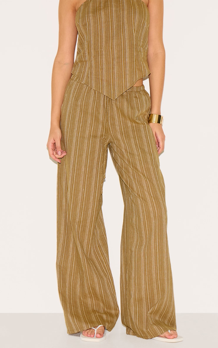 Pantalon en coton kaki à fines rayures et taille nouée image 2