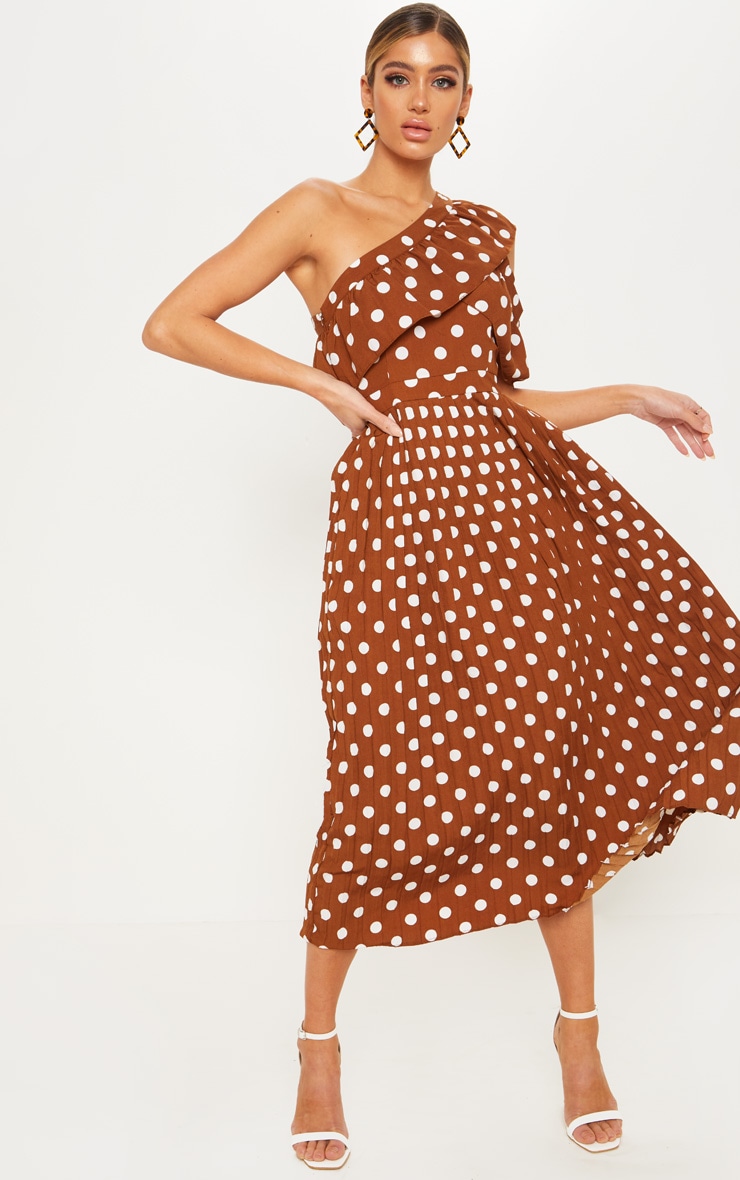 chocolate polka dot one shoulder ruffle detail pleated midi dress