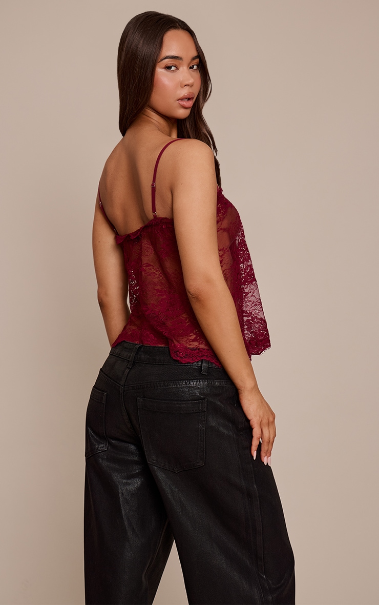 Burgundy Sheer Lace Strappy Cami Top image 2