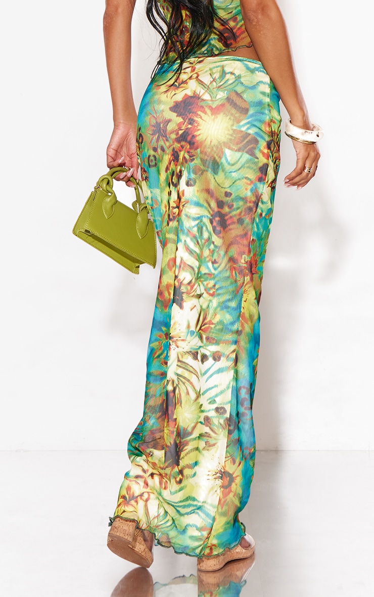 Green Floral Print Mesh Low Rise Midaxi Skirt image 3