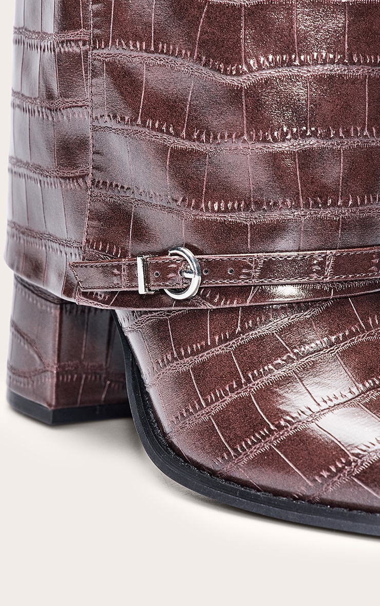 Burgundy Large Scale Croc Fold Over Knee High Block Heel Boot image 5