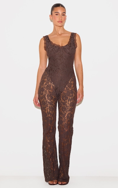 Dark Chocolate Lace Boning Detail Strappy Flared Jumpsuit
