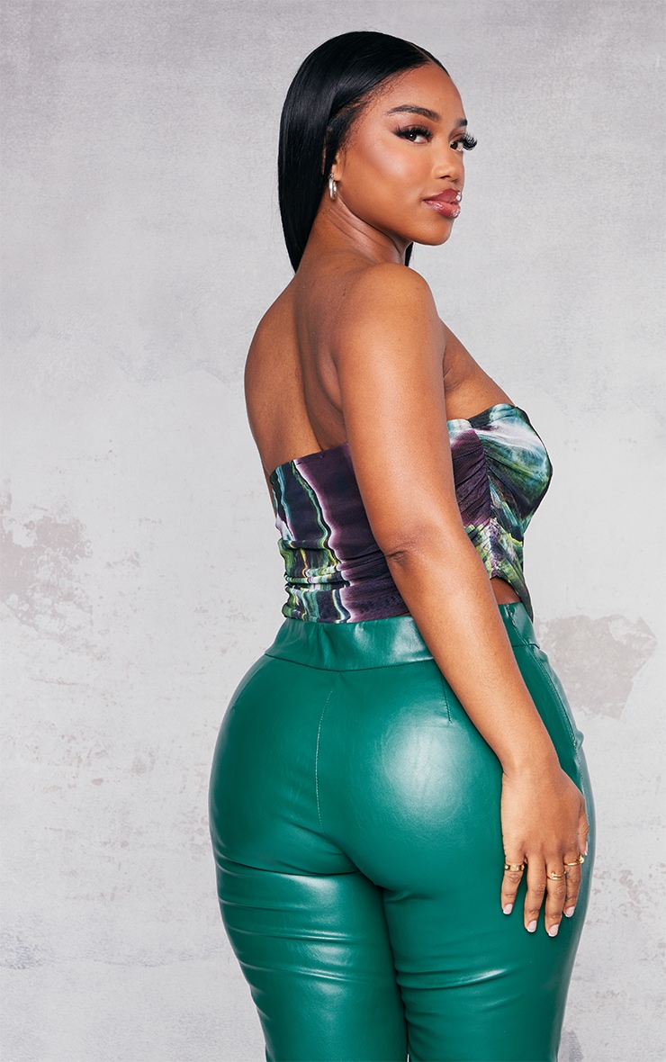 Shape Green Printed Mesh Ruched Bandeau Crop Top image 2