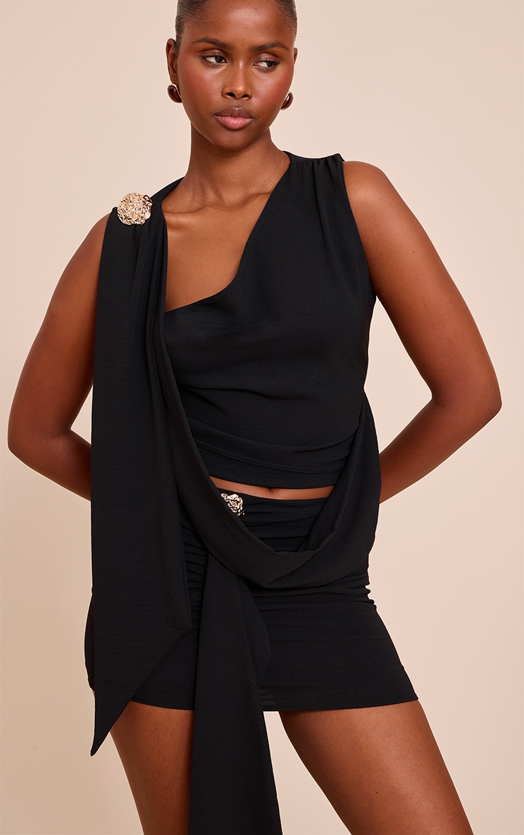 Black Textured Drape Mini Skirt image 4