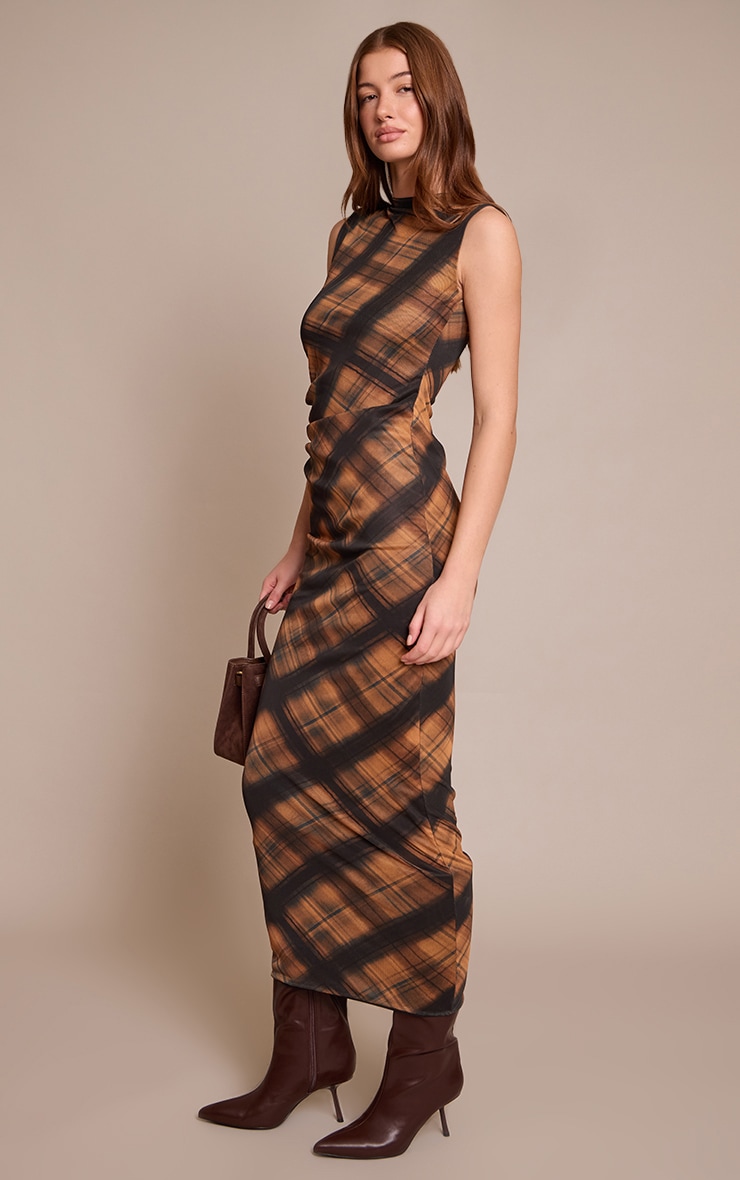 Brown Check Print Mesh Maxi Dress image 3