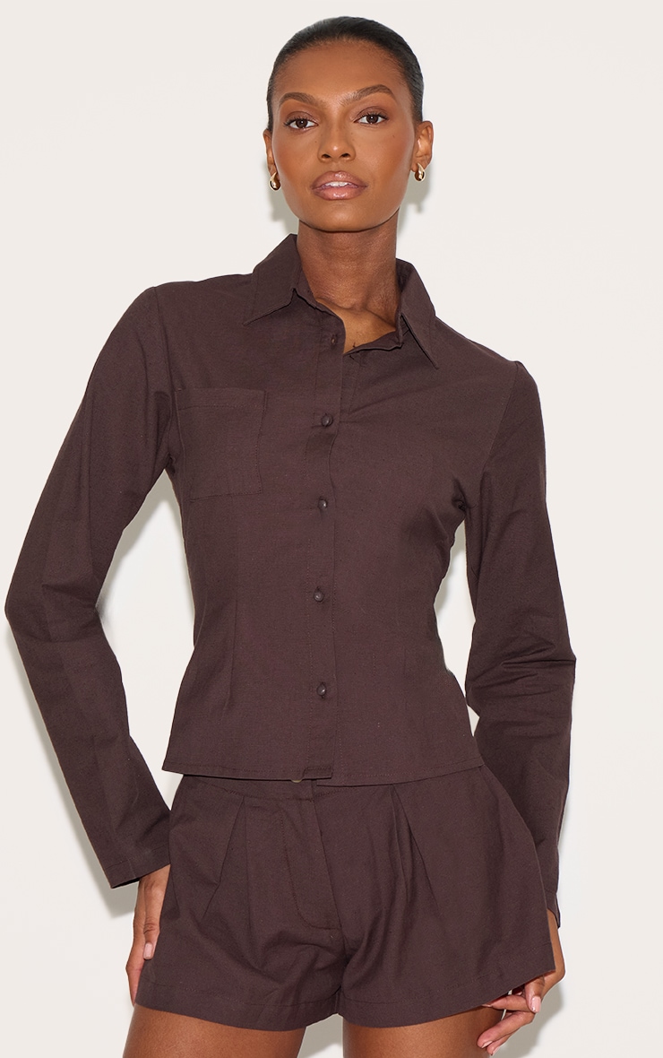 Chocolate Linen Look Button Up Fitted Shirt image 1