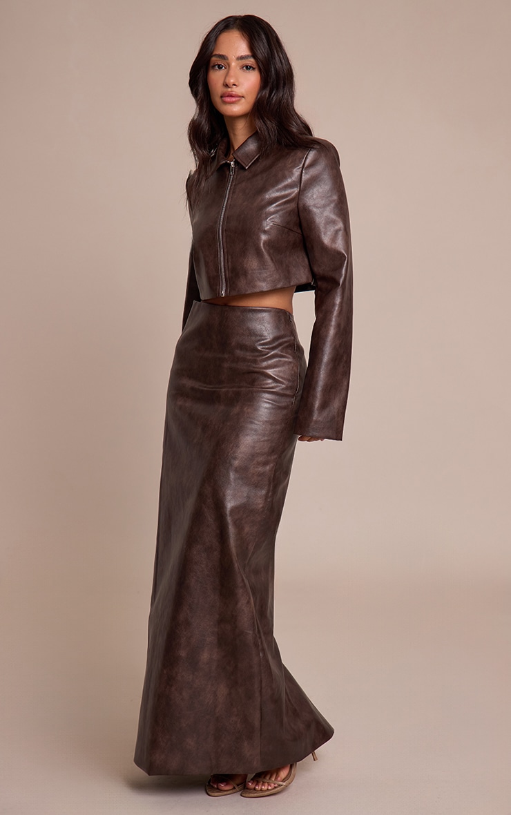 Petite Chocolate Cropped Faux Leather Zip Up Jacket  image 3