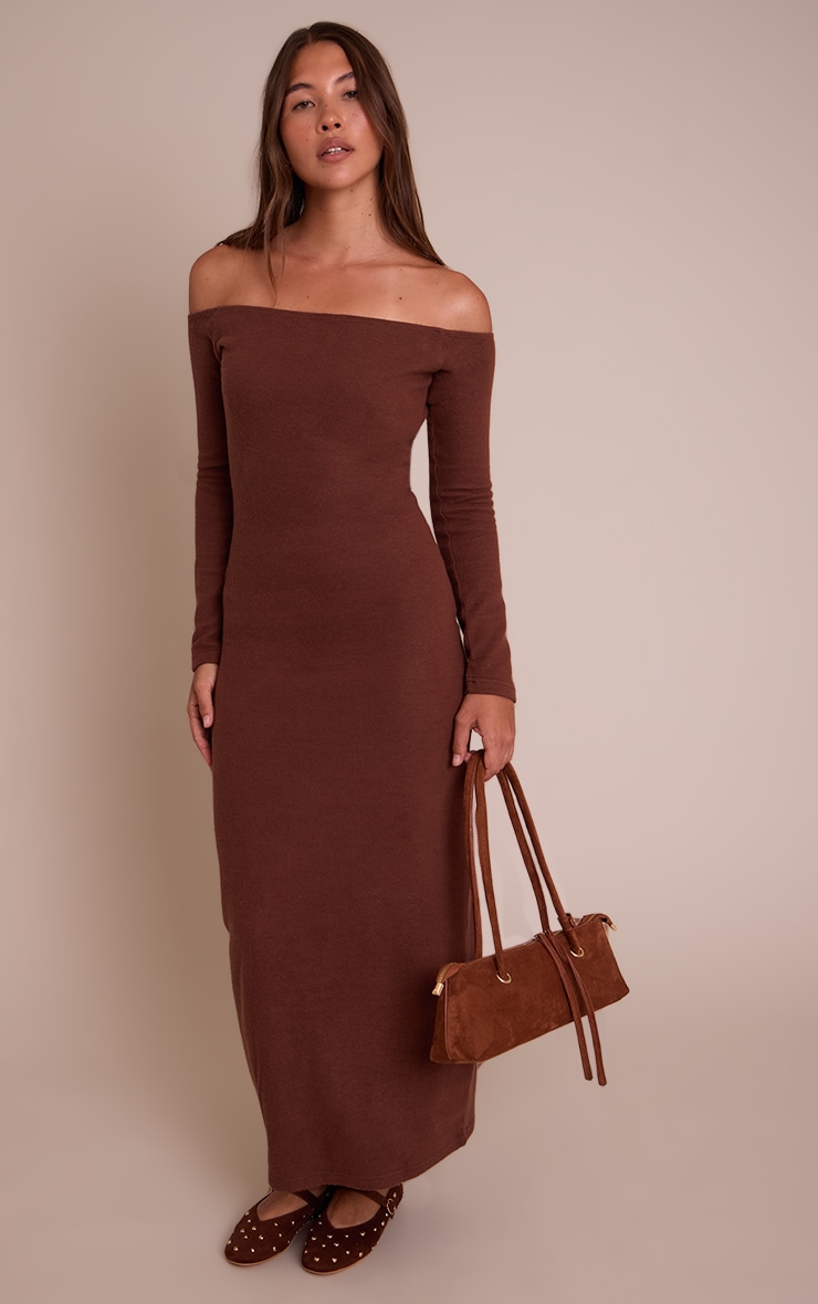 Chocolate Super Soft Bardot Long Sleeve Maxi Dress