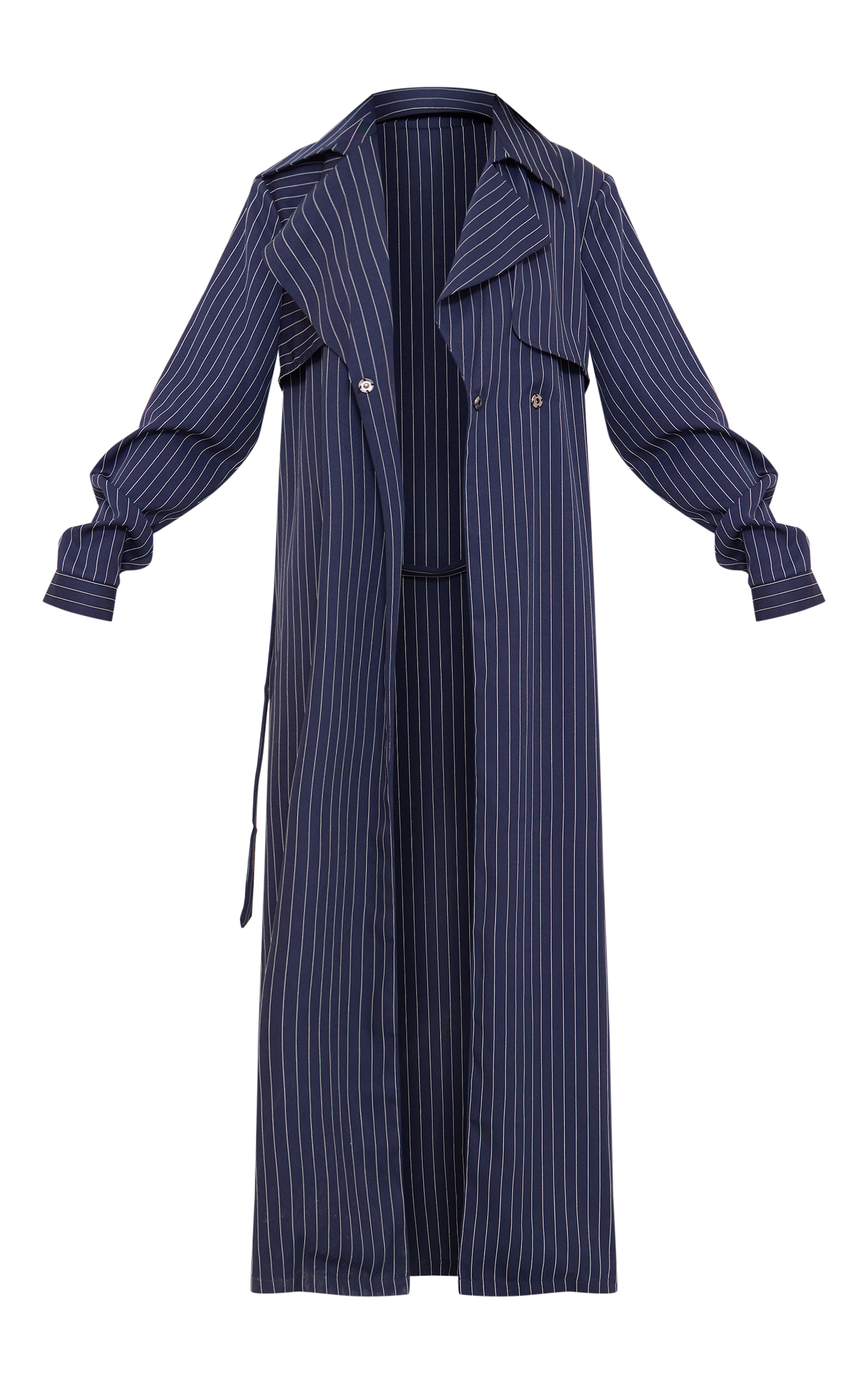 Tall Navy Pinstripe Tie Belt Maxi Trench Coat image 5